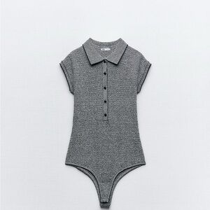 Zara Striped Ribbed Polo Bodysuit - Gray